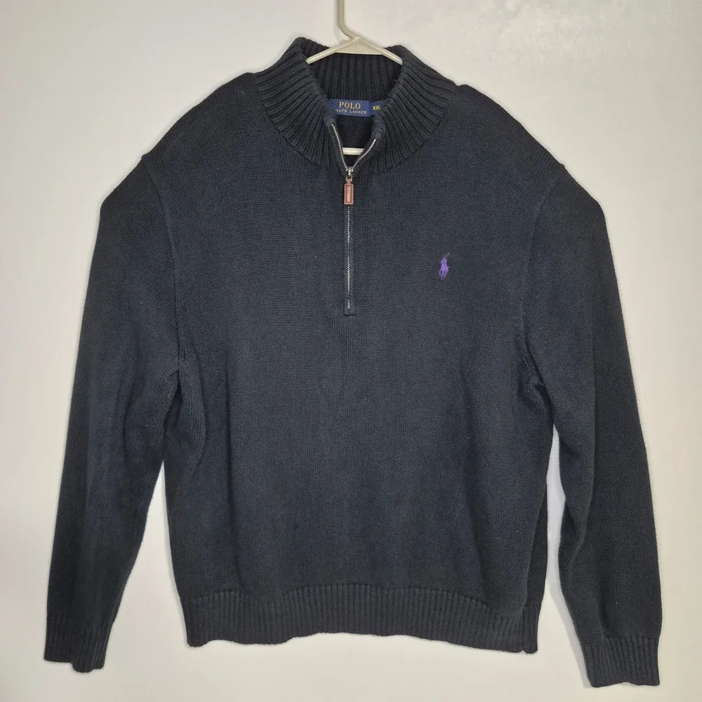 Polo Ralph Lauren Quarter Zip Men XXL Black Cotton Pullover Quiet Luxury Classic